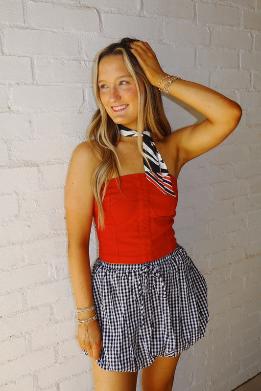 Red Denim Strapless Top