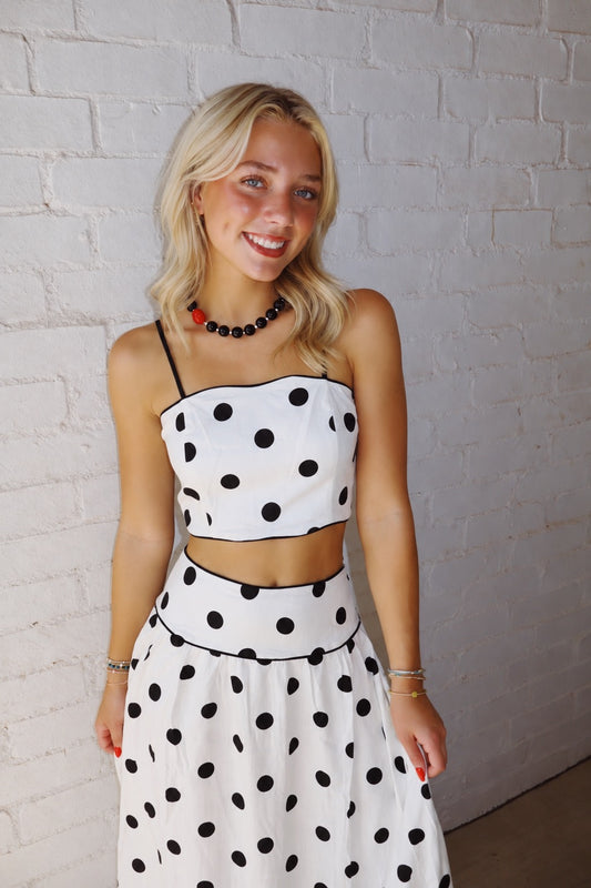 White & Black Polka Dot Wave Trim Top & Skirt Set