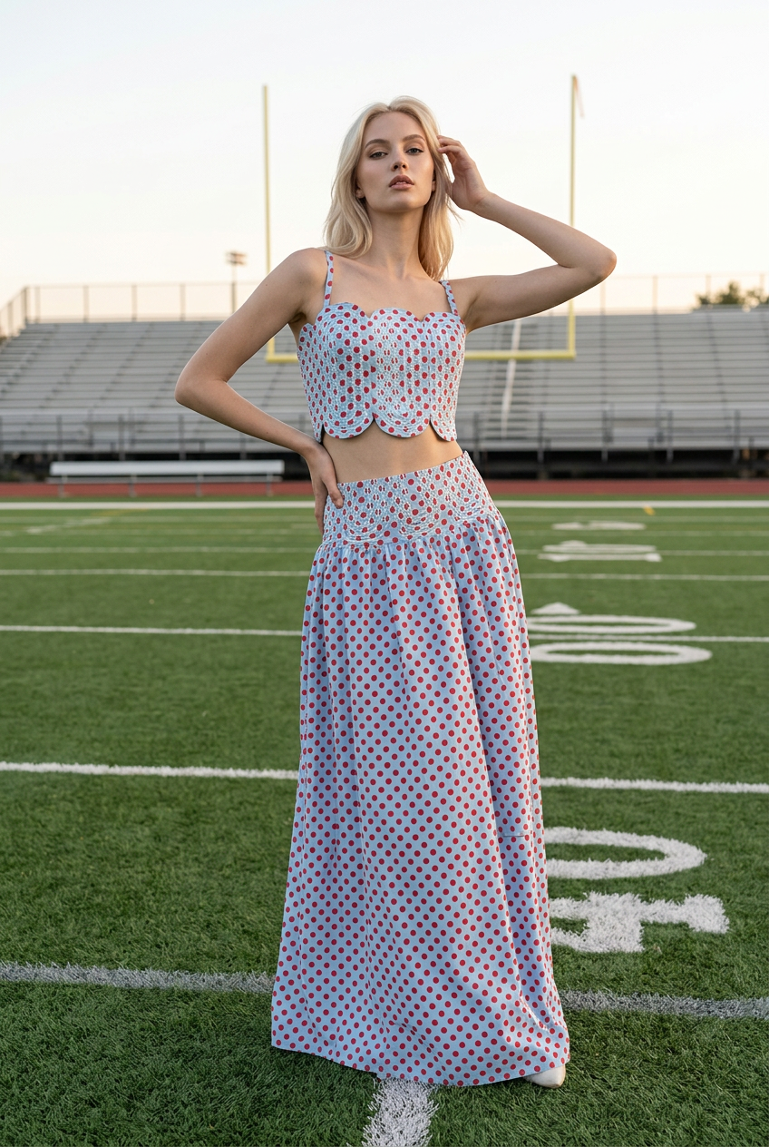 Trim Appliqué Crop Top And Polka Dot Maxi Skirt Set: RED/WHITE / S