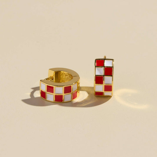 Pre - Order Red & White Checkered Enamel Huggie Earrings: Gold