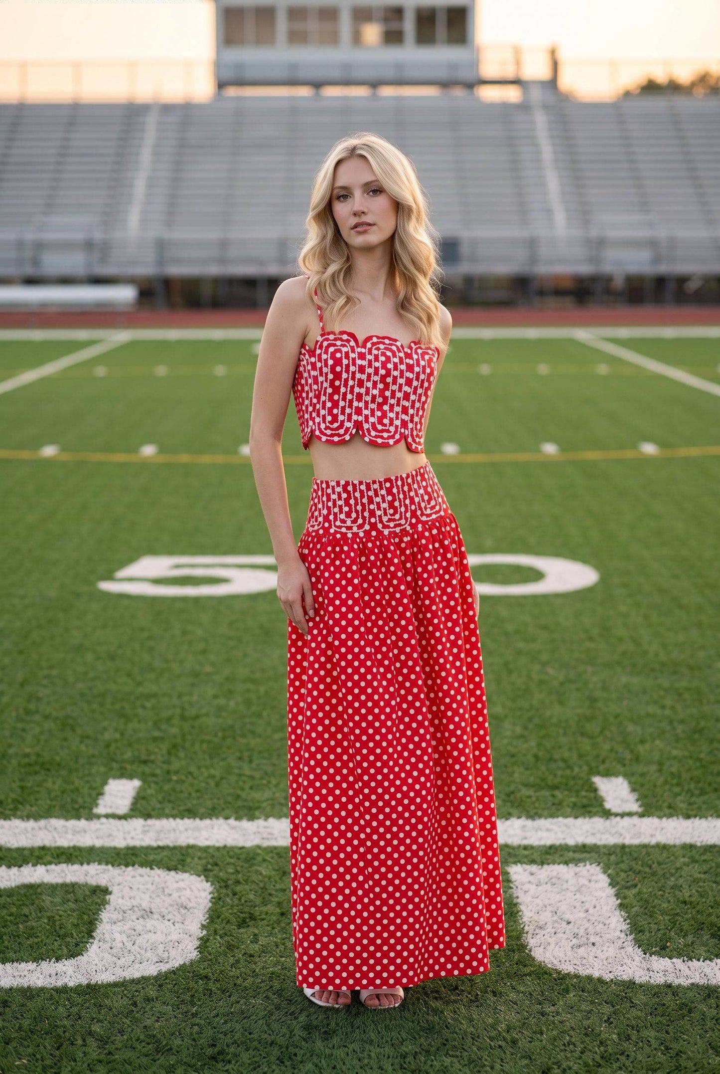 Trim Appliqué Crop Top And Polka Dot Maxi Skirt Set: RED/WHITE / S