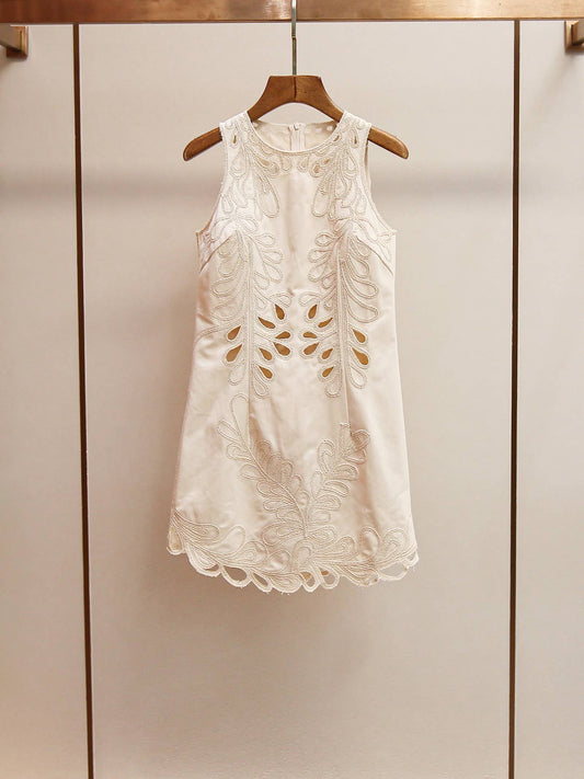 Cream Embroidered Sleeveless Dress with Scalloped Hem
