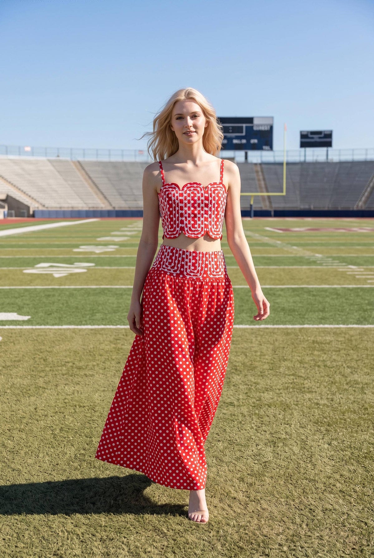 Trim Appliqué Crop Top And Polka Dot Maxi Skirt Set: RED/WHITE / S