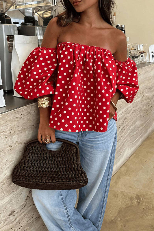 Off-Shoulder Polka Dot Top: RED