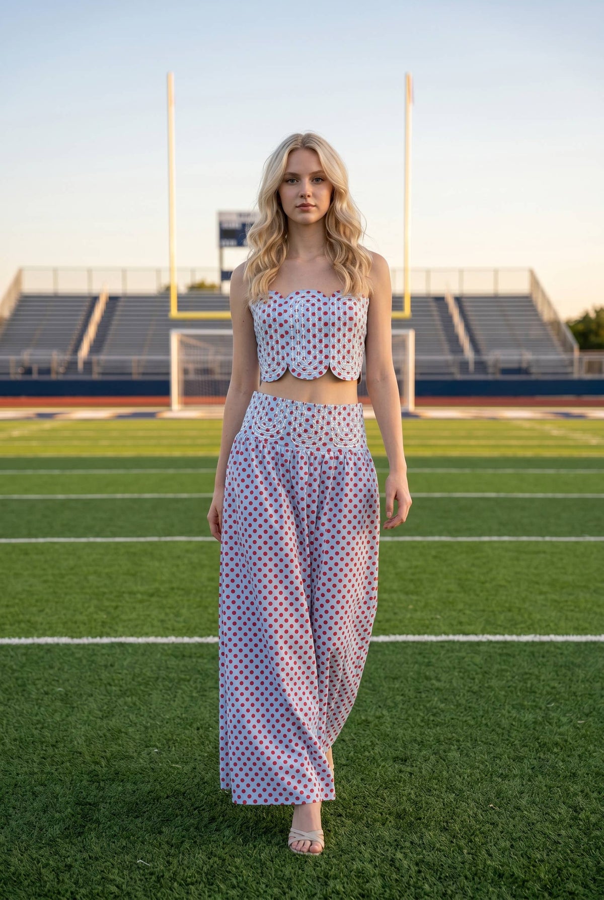 Trim Appliqué Crop Top And Polka Dot Maxi Skirt Set: RED/WHITE / S