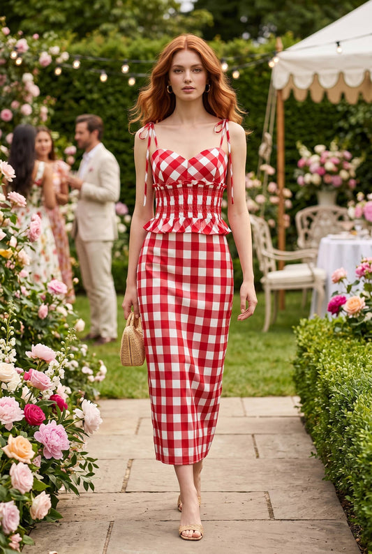 Gingham printed sweetheart neckline top and midi skirt set: RED/WHITE / S