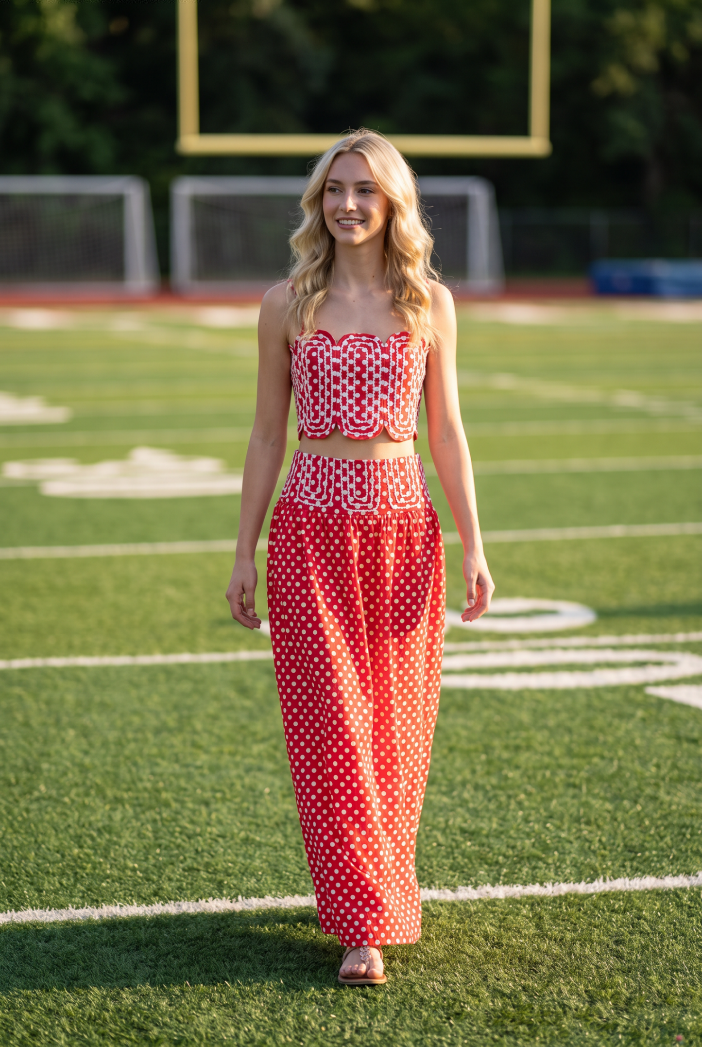 Trim Appliqué Crop Top And Polka Dot Maxi Skirt Set: RED/WHITE / S
