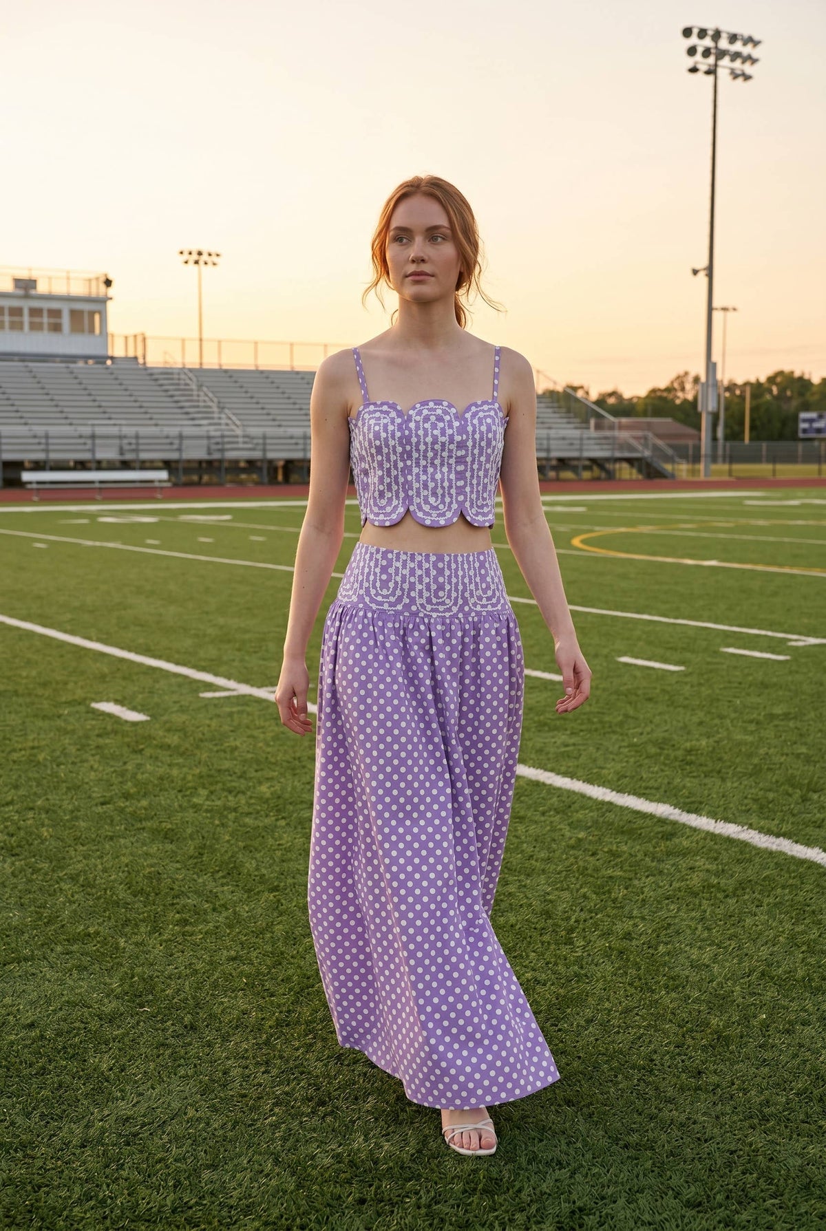 Trim Appliqué Crop Top And Polka Dot Maxi Skirt Set: RED/WHITE / S