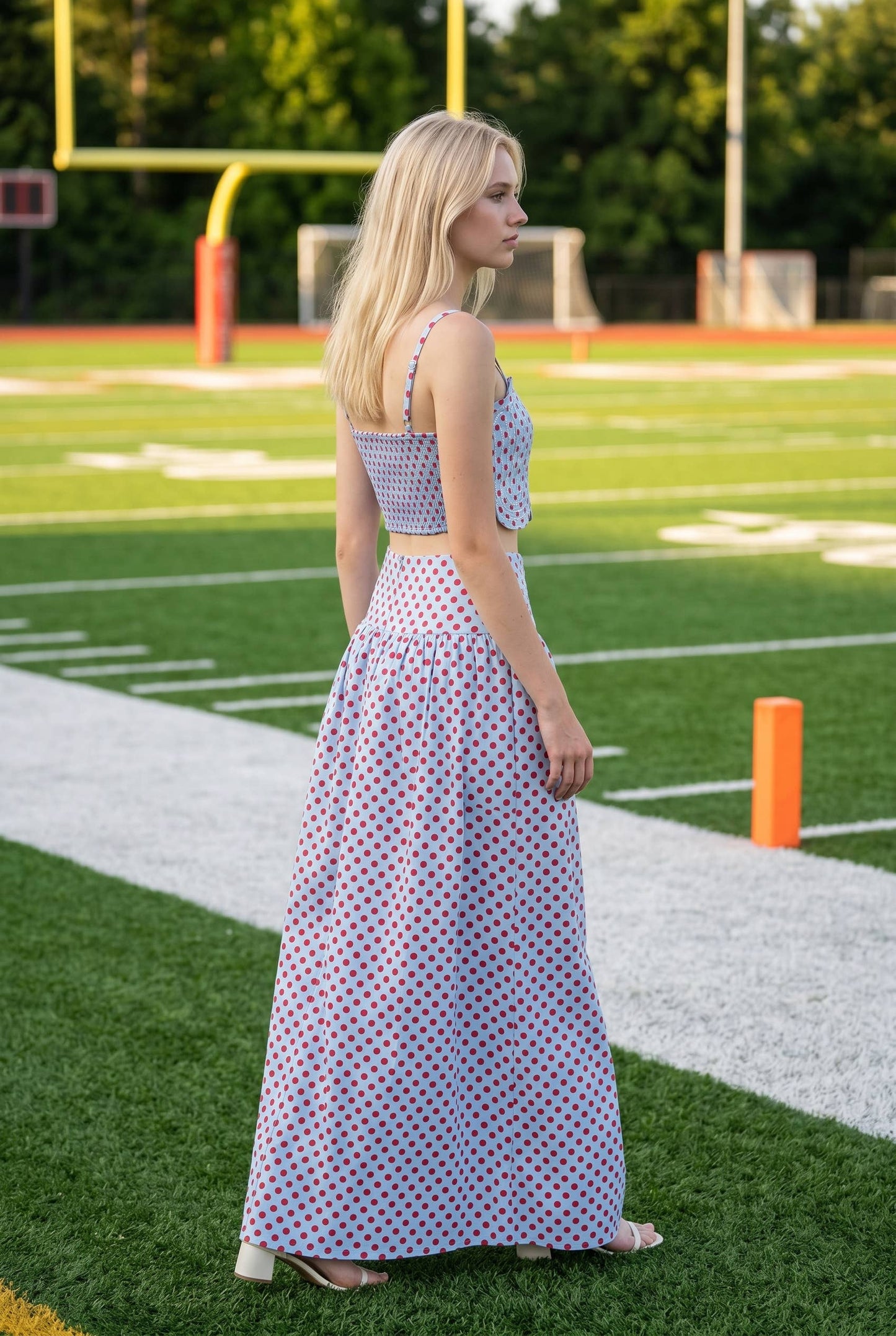 Trim Appliqué Crop Top And Polka Dot Maxi Skirt Set: RED/WHITE / S