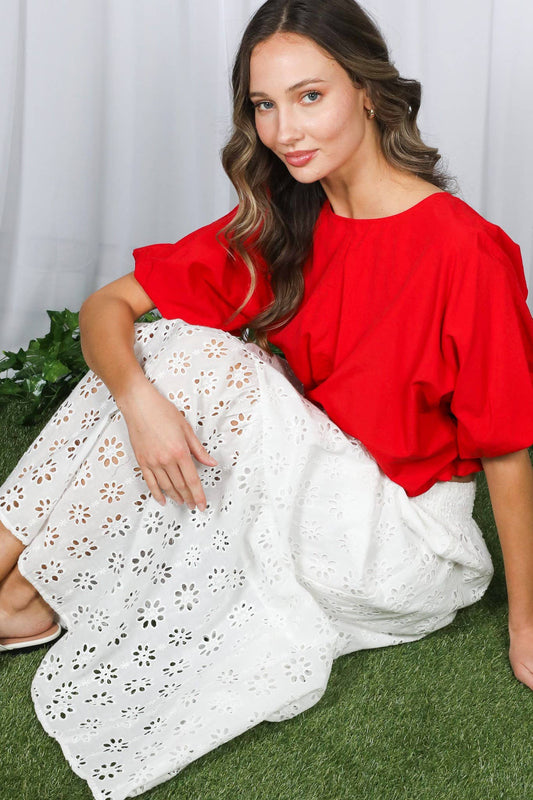 RED Bubble Sleeve Back Zipper Detail Crop Top