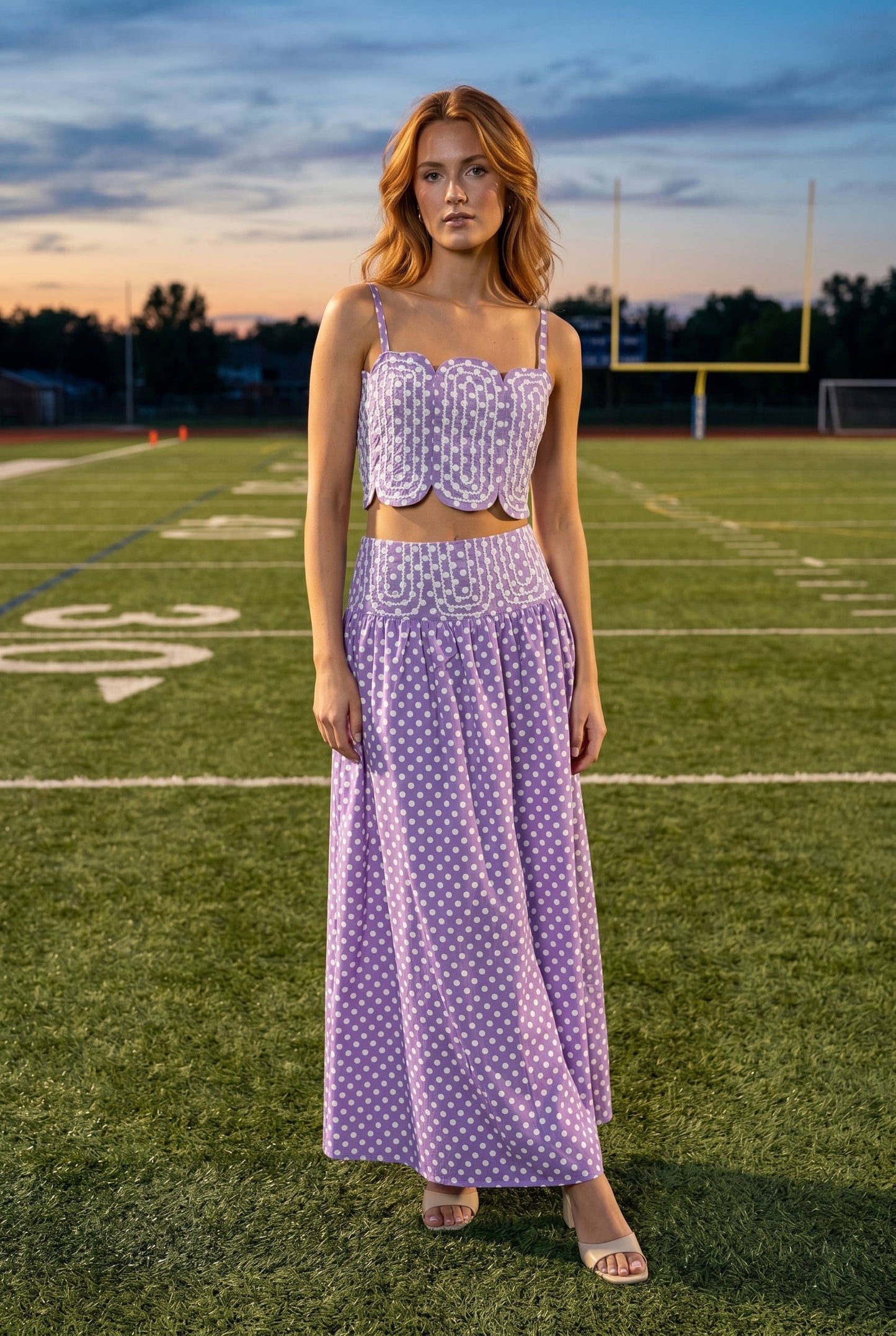 Trim Appliqué Crop Top And Polka Dot Maxi Skirt Set: RED/WHITE / S