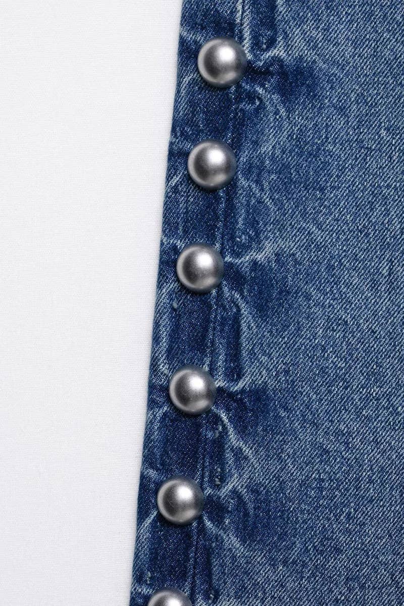 Side Stud Embellished Straight-Leg Jeans: BLUE