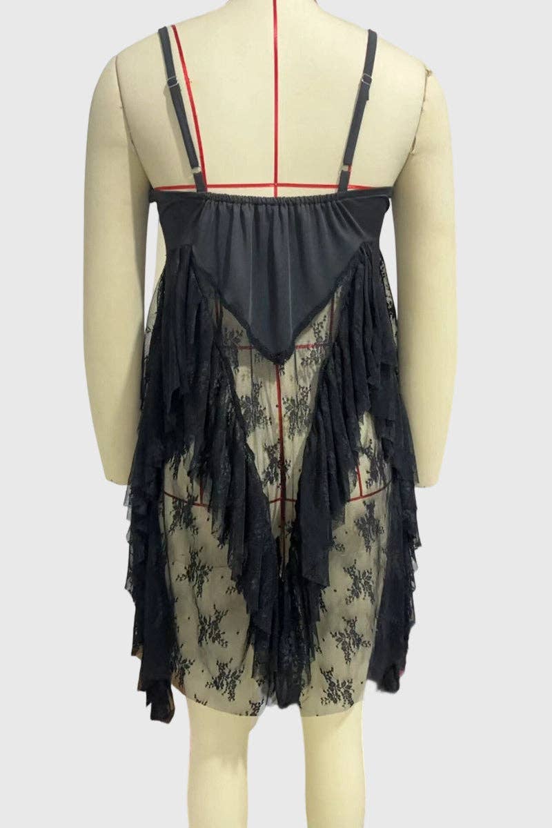 Sheer Lace Ruffle Mini Dress: BLACK
