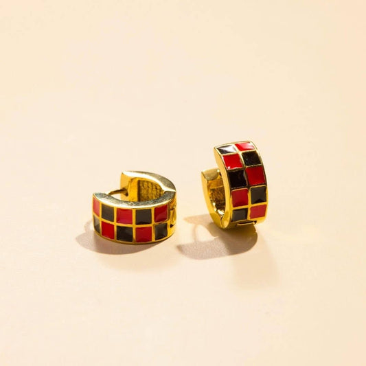 Pre Order - Black & Red Checkered Enamel Huggie Earrings