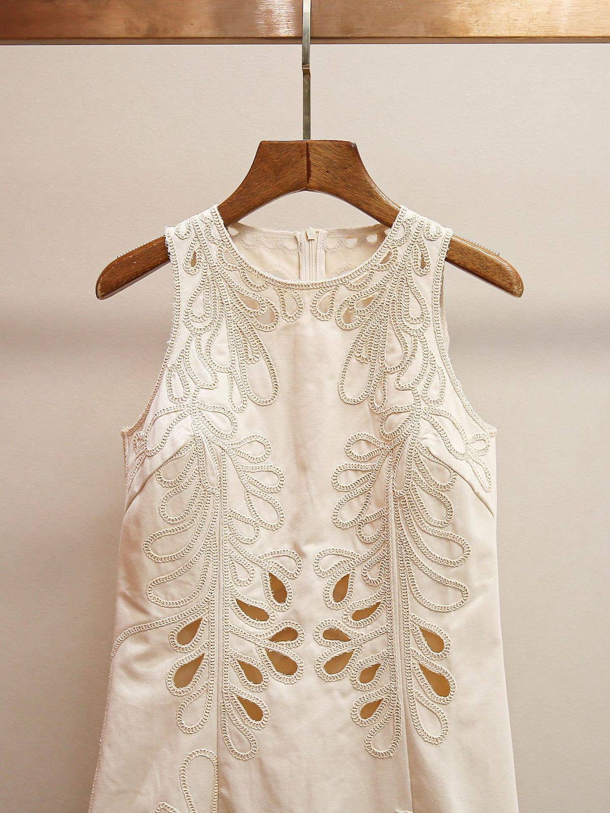 Cream Embroidered Sleeveless Dress with Scalloped Hem