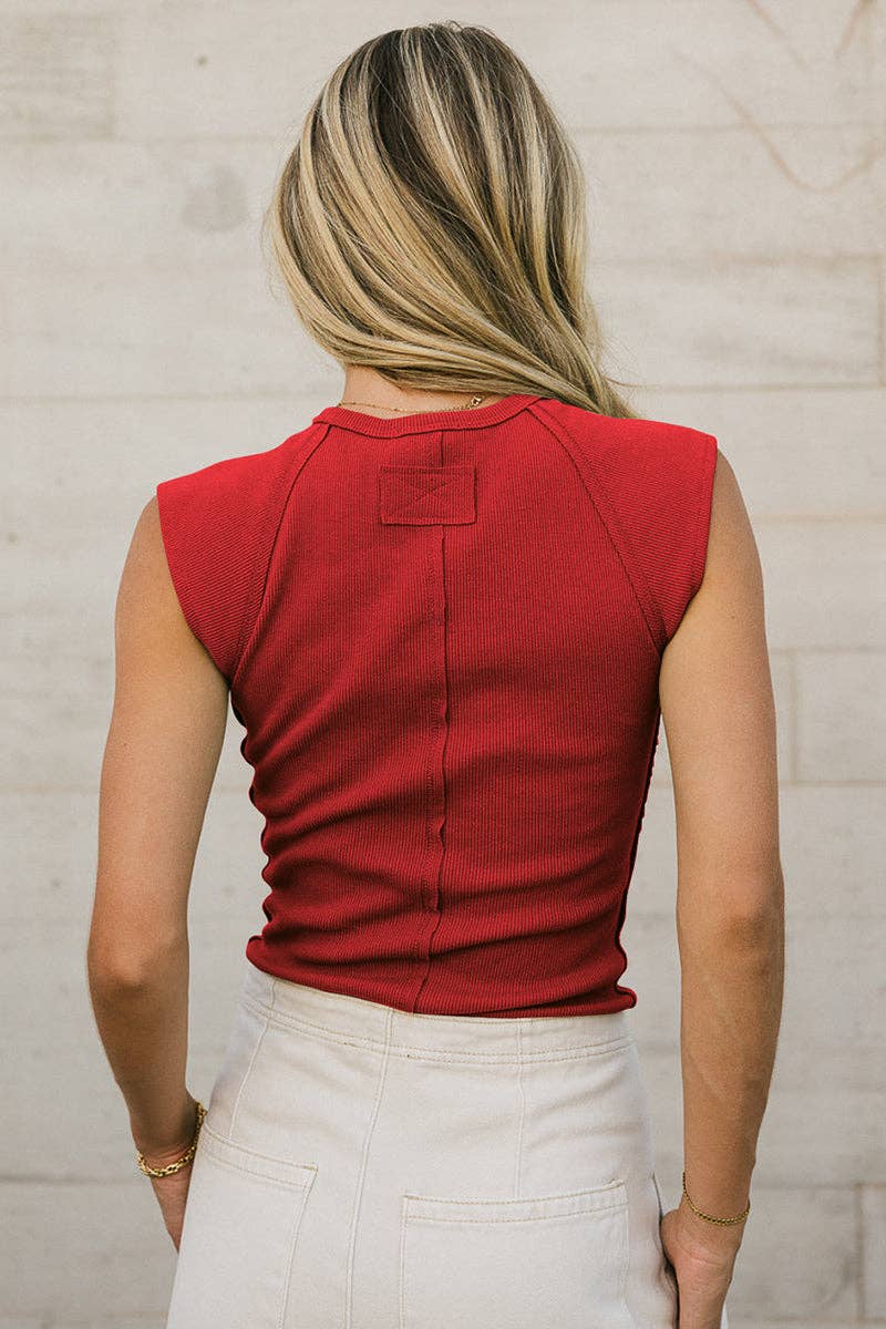 Capped sleeve Ribbed Top:RED