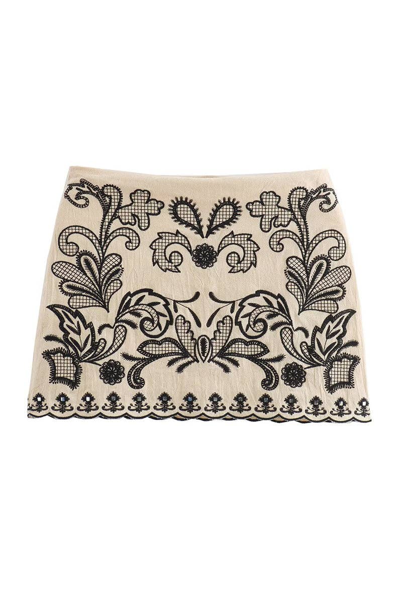 Floral Halter Crop Top and Skirt Set: BEIGE & BLACK