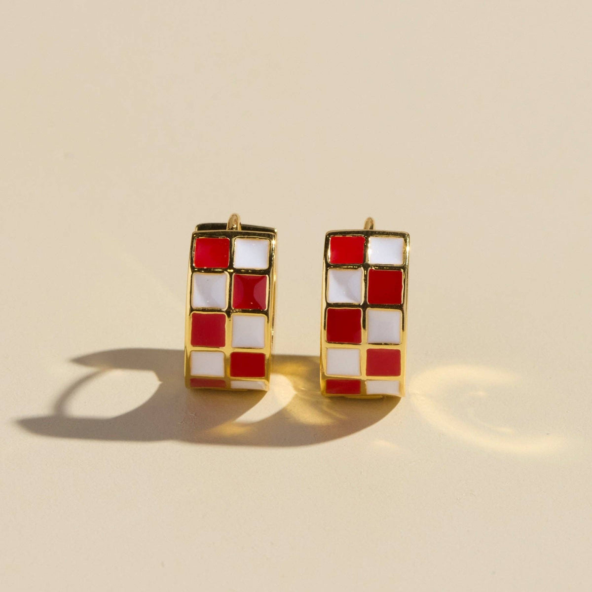 Pre - Order Red & White Checkered Enamel Huggie Earrings: Gold