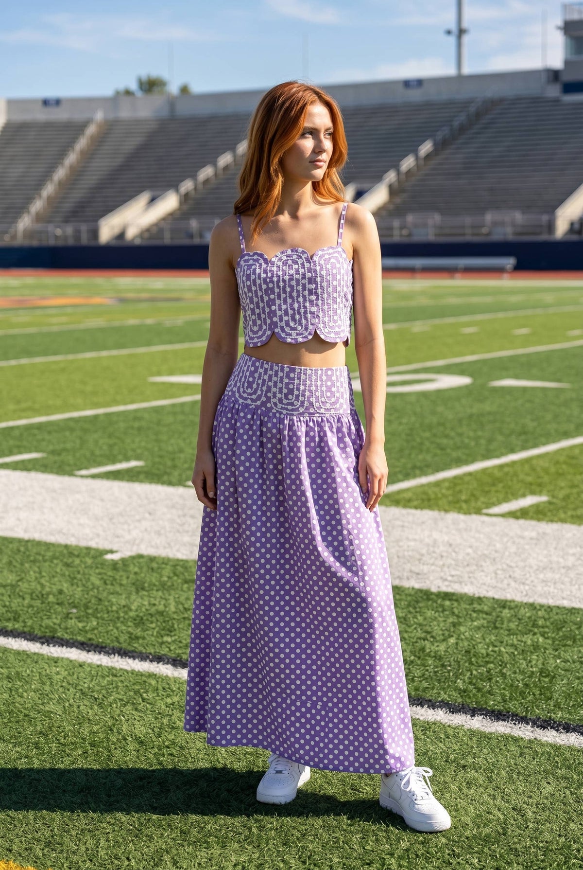 Trim Appliqué Crop Top And Polka Dot Maxi Skirt Set: RED/WHITE / S