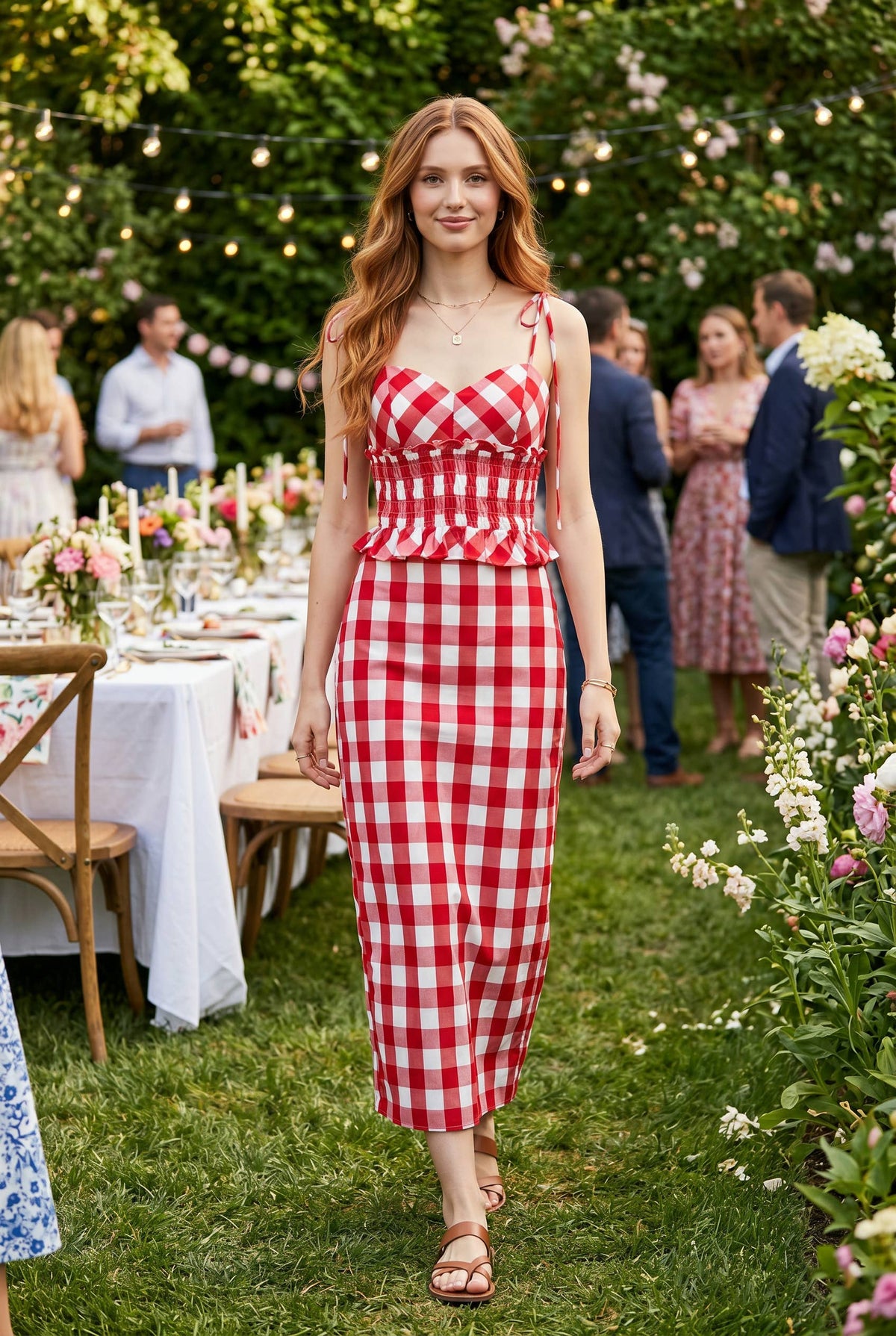 Gingham printed sweetheart neckline top and midi skirt set: RED/WHITE / S